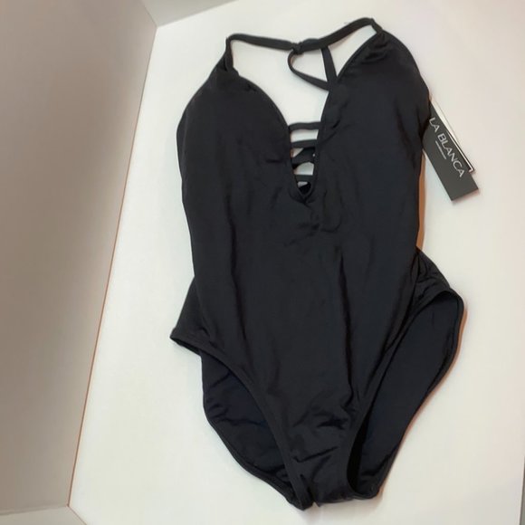 NWT La Blanca Strap Halter Black One Piece Swimsuit - Picture 3 of 5
